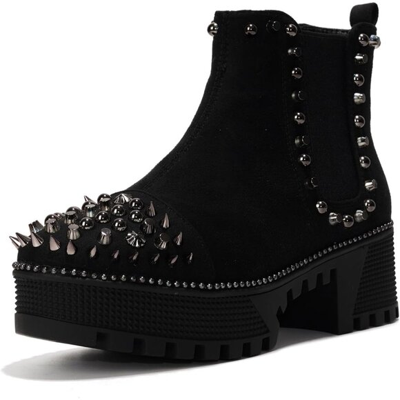 Shoes - Women's Black Studded Goth Punk Spiky Bold Design Chunky Heel Comfort Boot